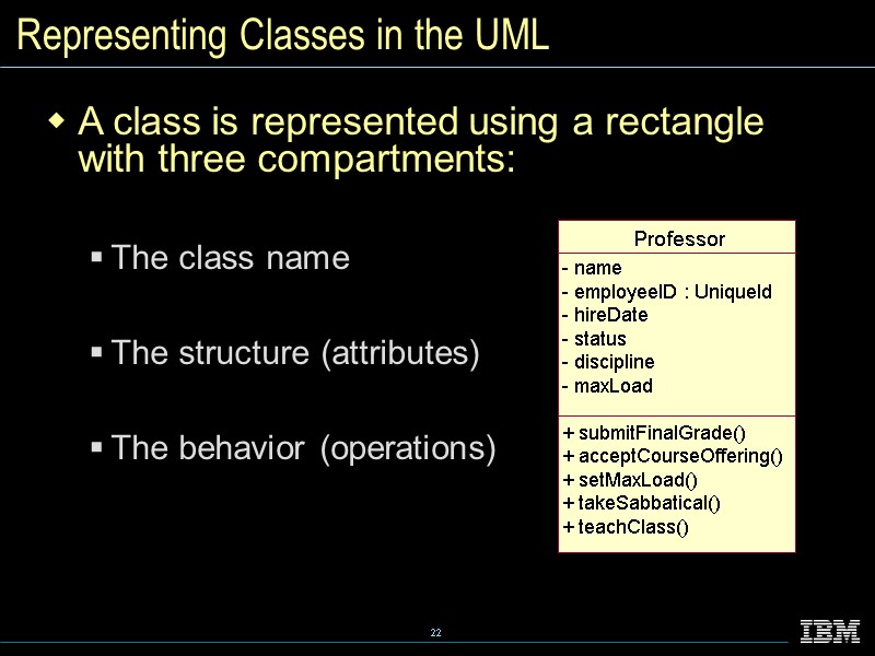 Representing Classes in the UML A class is represented using a rectangle with three